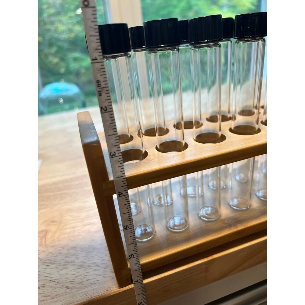 12 Capped Glass Test Tubes with Wood Stand Display Rack Science Lab Testing - Picture 8 of 12